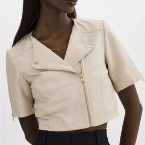 Lamarque Kirsi Leather Crop Biker Jacket in Bone